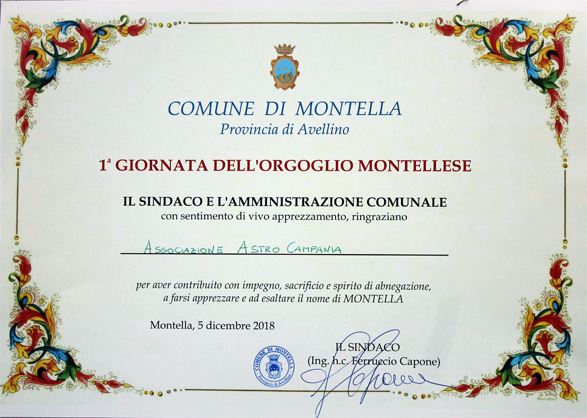 Riconoscimento ad AstroCampania sez. Montella-M.ti Picentini